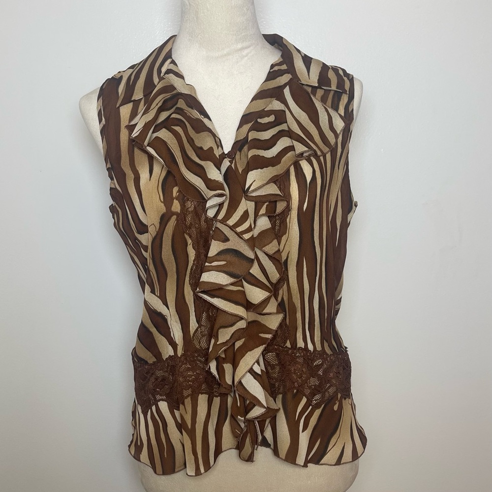 Allison Taylor Brown and Cream Zebra Ruffle Sleeveless Blouse